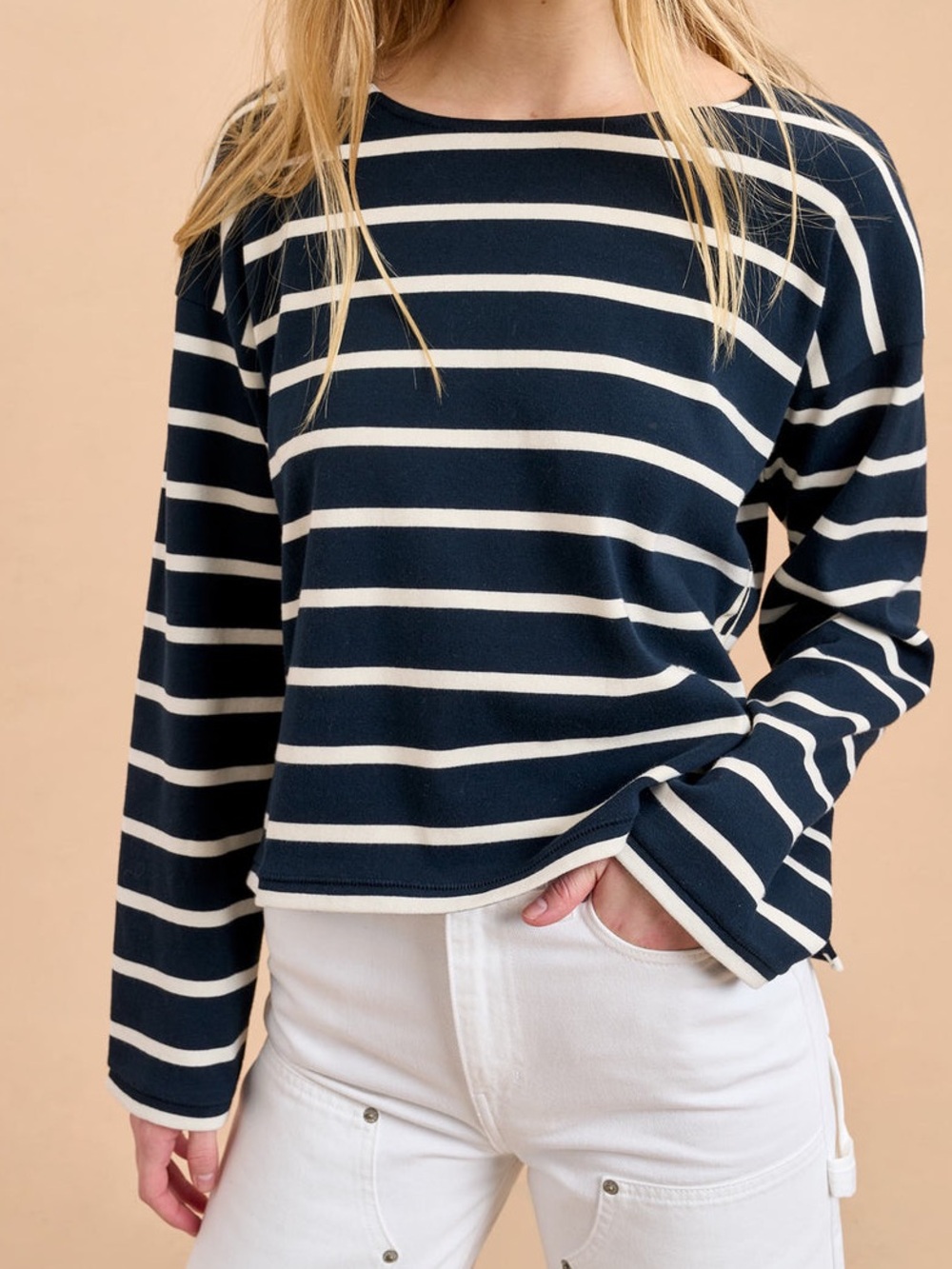 La Ligne Long Sleeve Breton Tee Navy Ecru Stripes Relaxed Fit in Small Nautical